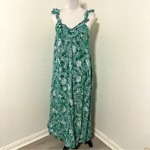 Grace Atwood The Drop Women's M Palm Leaf Print Midi Dress Sleeveless Ruffle EUC